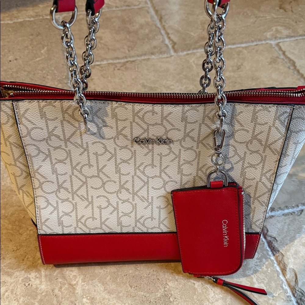 Calvin Klein Red and Cream Signature Tote
